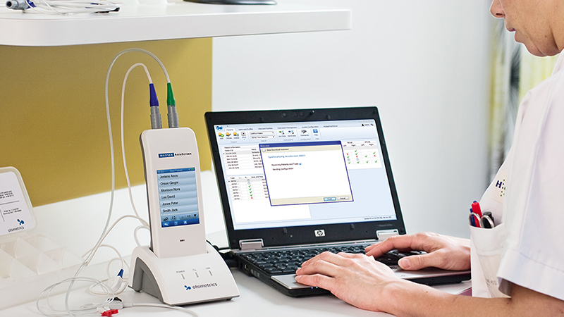 Automated Auditory Brainstem Response results shown on Madsen AccuScreen hearing screener screen.