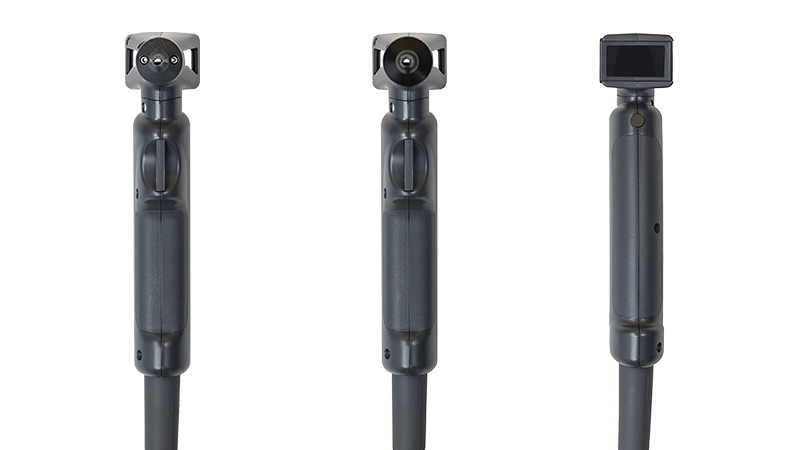 Front, side, and rear views of the Natus ICS Aircal handpiece used for controlled air caloric stimulation in vestibular assessments.