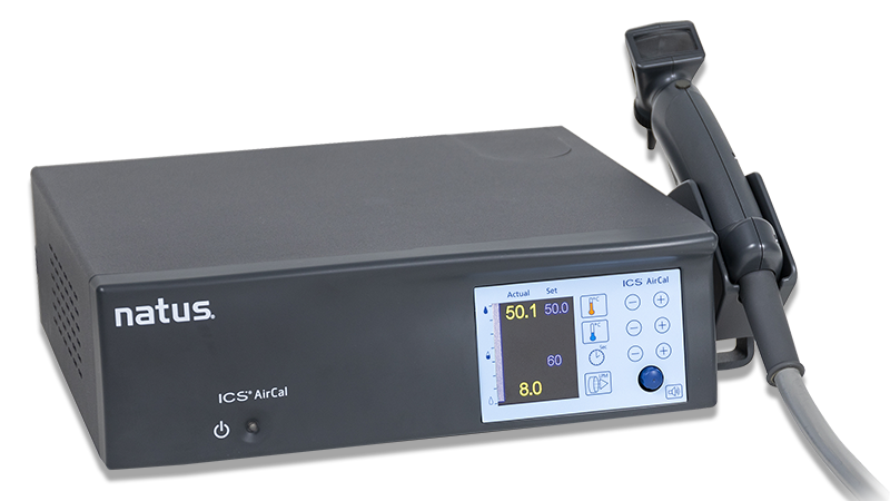 Natus ICS Aircal caloric irrigation device with attached handpiece and digital touchscreen interface for vestibular testing.