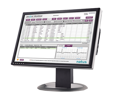 Natus audble Desktop software displaying hearing screening data management interface on a desktop monitor.