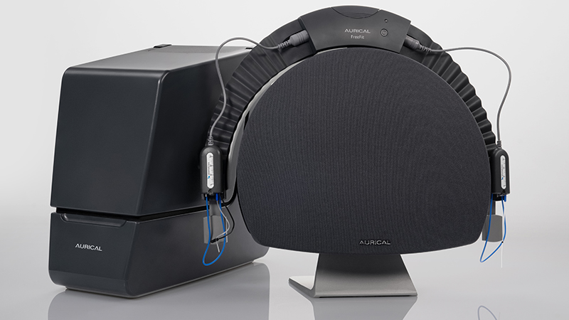 Aurical audiometry equipment components used in hearing aid fitting and verification.