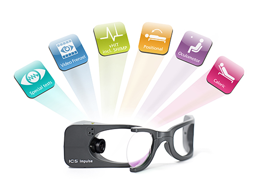 ICS Impulse goggles with icons representing vestibular tests including vHIT, SHIMP, caloric, oculomotor, positional, and video Frenzel.