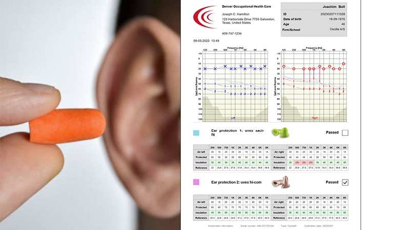 Ahand holding an orange earplug next to an ear, with a hearing protection validation report displayed alongside audiometric test results.