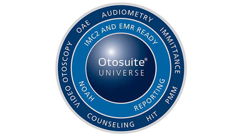 Otosuite Universe diagram highlighting audiometry, OAE, PMM, HIT, reporting, counseling, video otoscopy, and EMR-ready integration.