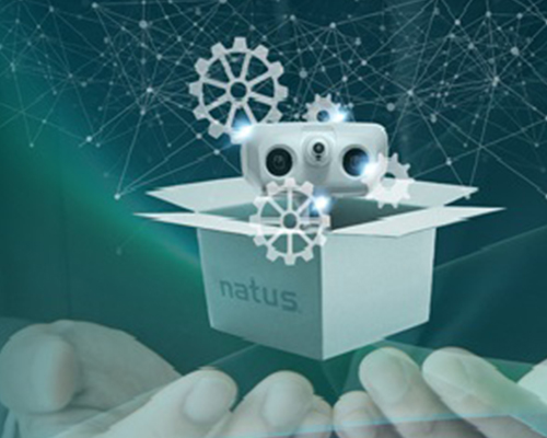 Conceptual image of a medical device emerging from a box labeled “Natus,” symbolizing innovation and smart technology integration in healthcare solutions.