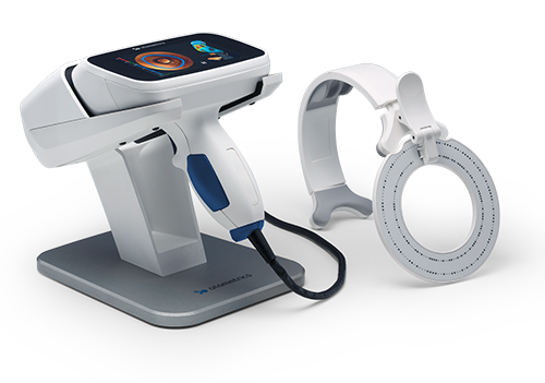 Otoscan 3D ear scanner with digital interface and scanning ring for precise ear impressions.