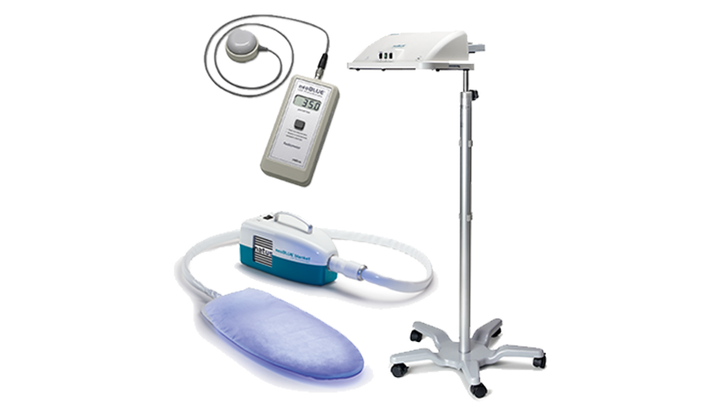 neoBLUE blue light Radiometer with overhead and blanket phototherapy systems for neonatal bilirubin treatment and irradiance monitoring.