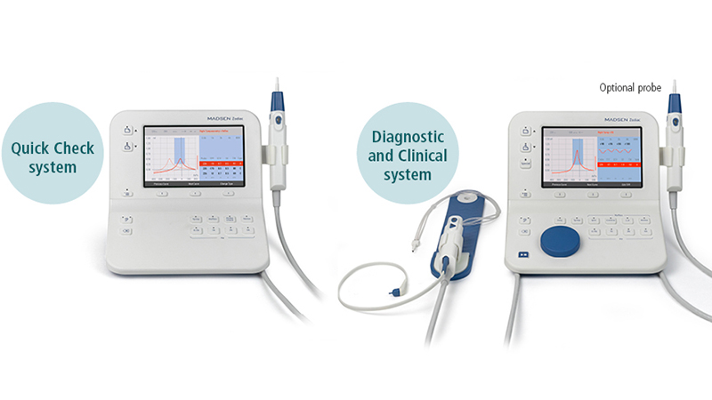 Two Madsen Zodiac tympanometers shown: Quick Check system and Diagnostic and Clinical immittance testing device with optional pediatric tympanometry probe.